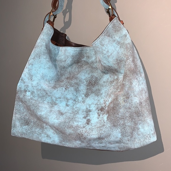 Juan Antonio Adobe Turquoise Blue Brown Leather Nubuck Weekend Boho Western Tote - Picture 16 of 16